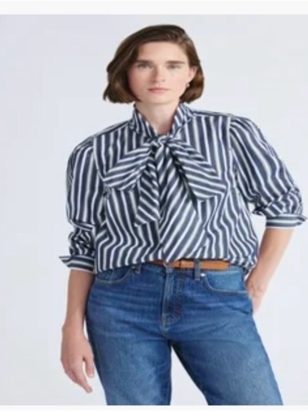 Navy and White Striped Bow-Neck Blouse
